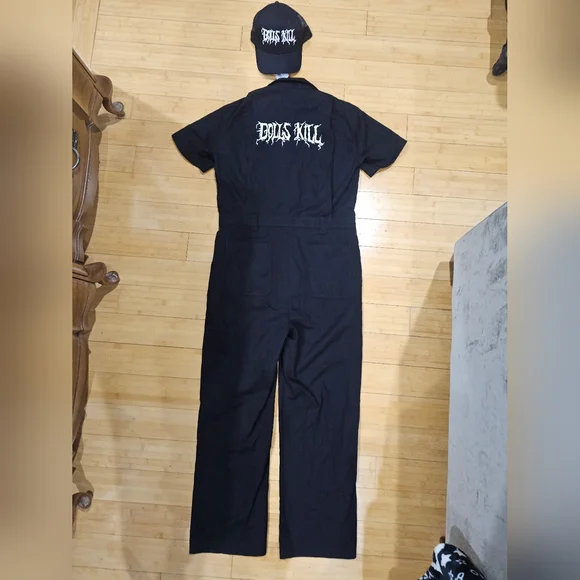 Rare Dolls Kill Logo Crew Merch Unisex Black White Jumpsuit Boiler Suit & Hat S - Picture 5 of 9